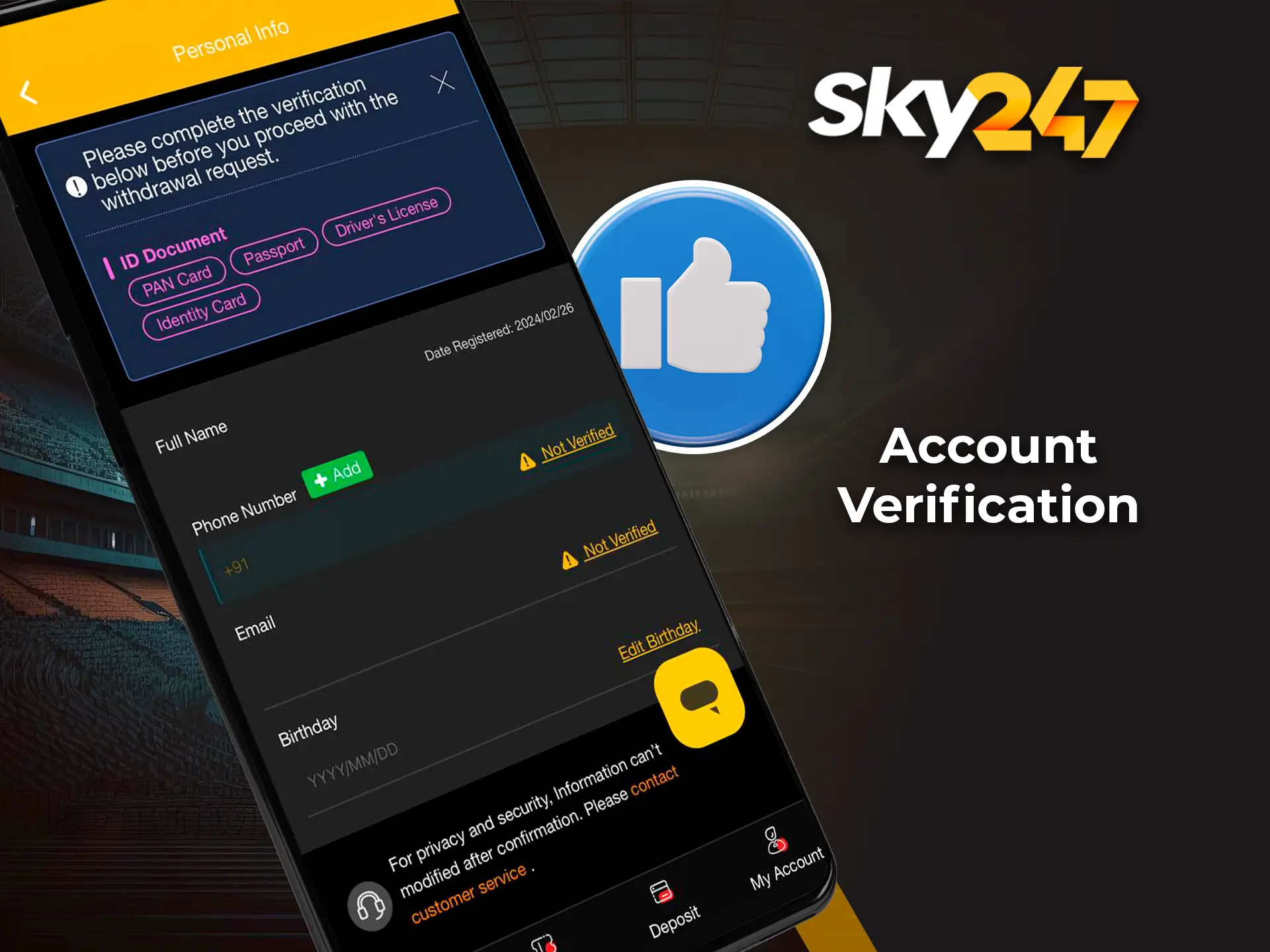 Verify your new Sky247 account to to get the full functionality of the bookmaker website.