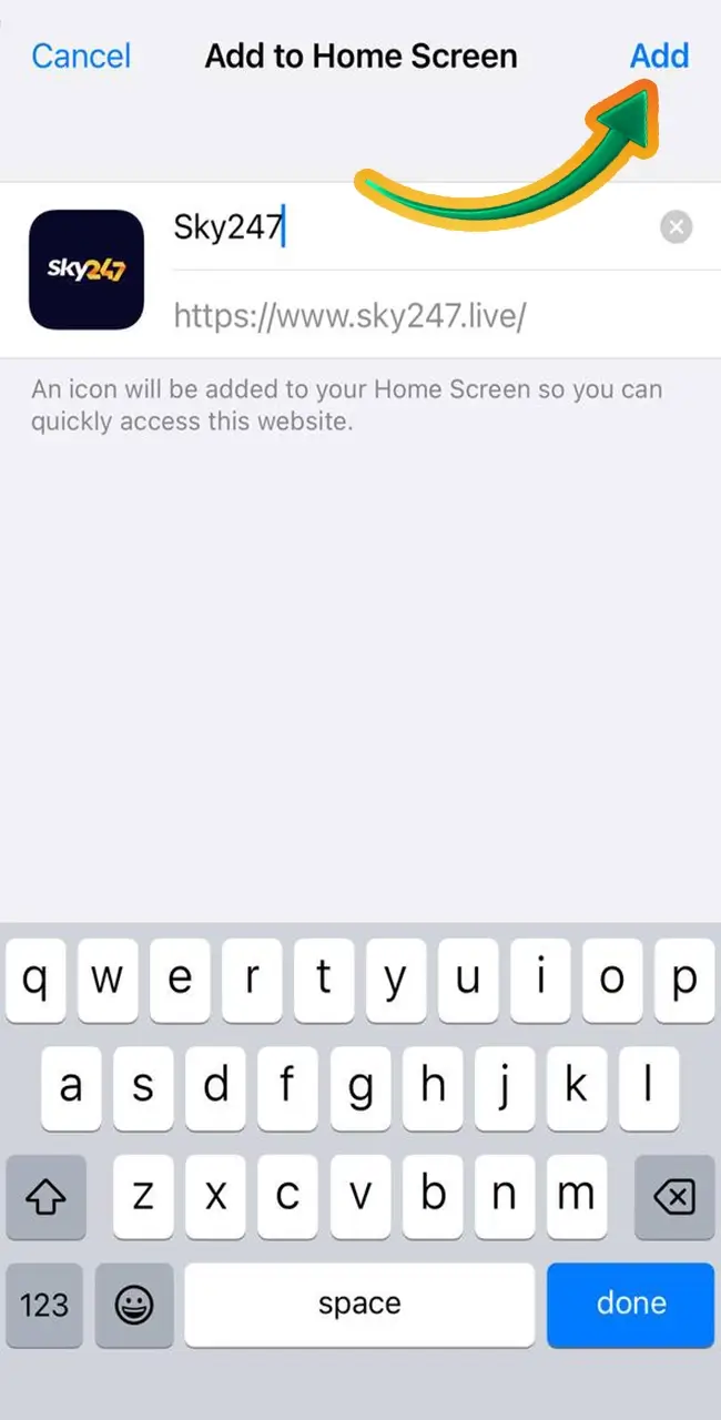Set the Sky247 app icon on your iPhone desktop by clicking share in Safari and selecting 