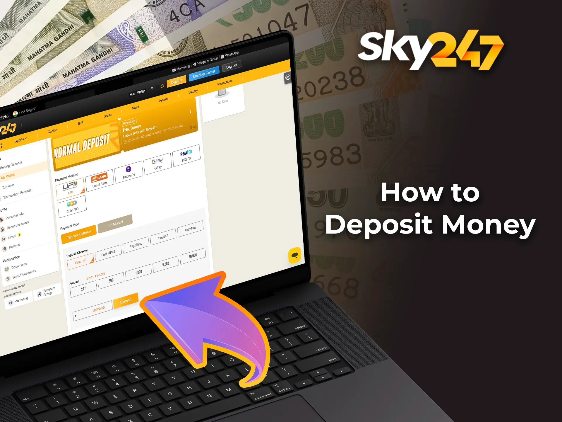 Make your first deposit on the Sky247 betting platform to start playing casino games or wagering on sports.