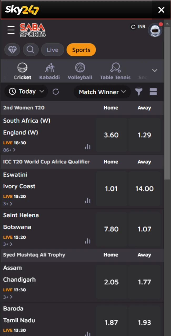 Explore screenshot of the sport section from the Sky247 betting app, where you can find various tournaments in cricket, kabaddi, volleyball and other disciplines.